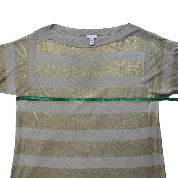 CHICOS Gold Tan Stripe Linen Blend Short Sleeve Relaxed Knit Top Size Large (2) - Picture 8 of 9